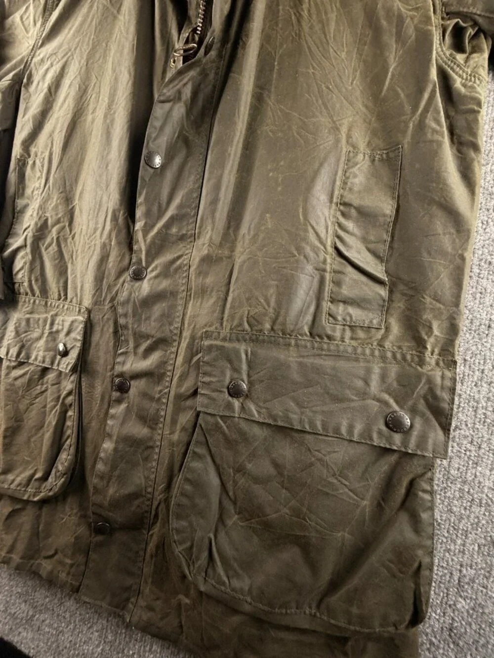 VTG Barbour A200 Border Size 40 Green Waxed Jacket Long Zip Snap Collared 80s